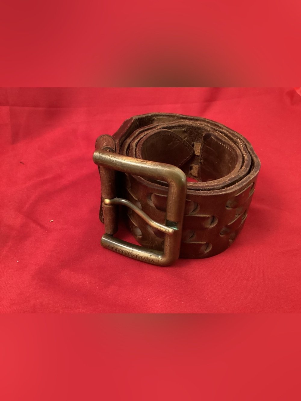 Dolce & Gabbana large woven Brown Leather Men's Belt with Brass Buckle